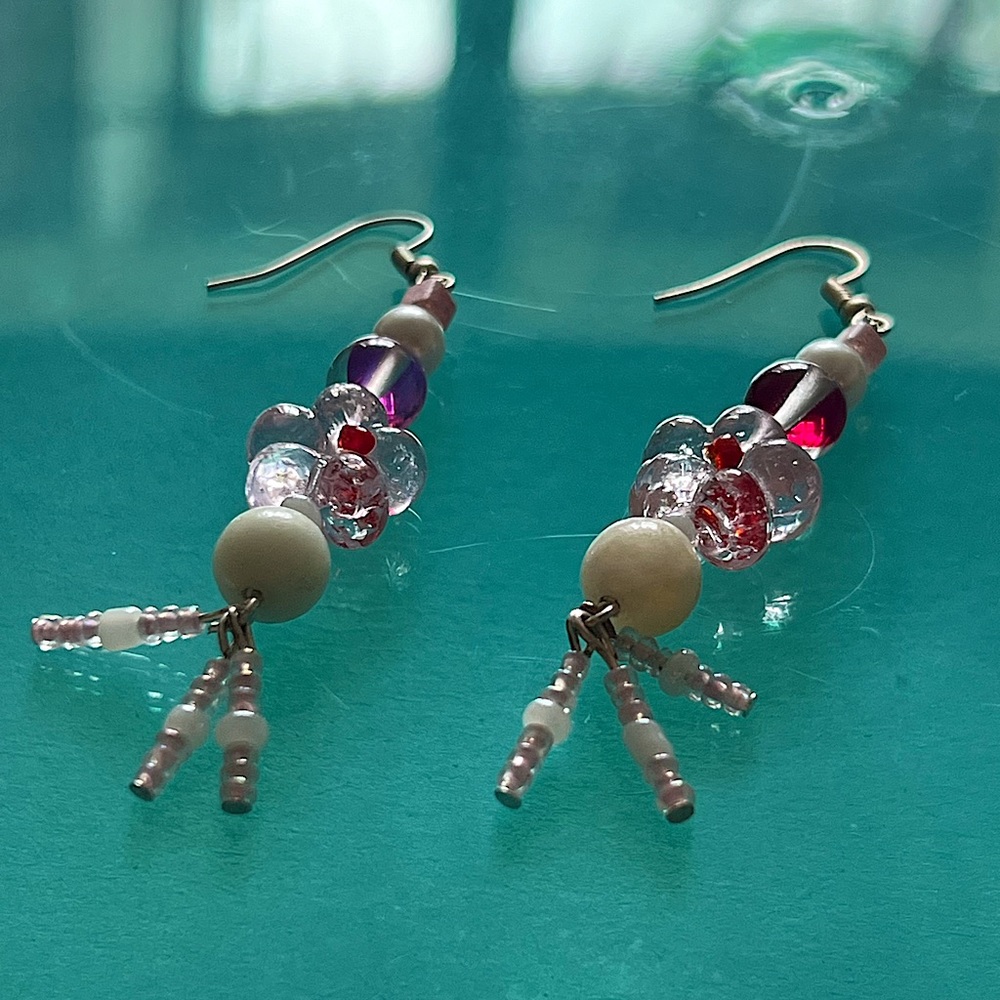 GIRLY HIPPIE - Pink White Silver - handmade natural amazonite hook earrings
